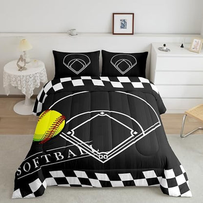 Erosebridal Kids Softball Bedding Set Full for Boys Girls Ball Sports Comforter Set, Black White Softball Field Duvet Insert Geometric Grid Checkered Quilt Set, Ball Game Quilted Comforter