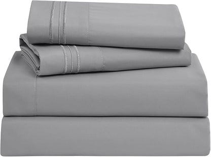 Clara Clark Bed Sheets, Premier 1800 Series Bed Sheet Set, Deep Pocket, Wrinkle, Fade, Stain Resistant, Luxury Soft Bedding Sheets & Pillowcases, Full, Frost Grey