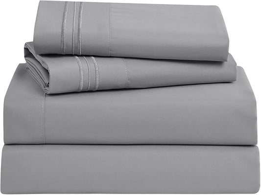 Clara Clark Bed Sheets, Premier 1800 Series Bed Sheet Set, Deep Pocket, Wrinkle, Fade, Stain Resistant, Luxury Soft Bedding Sheets & Pillowcases, California King, Frost Grey