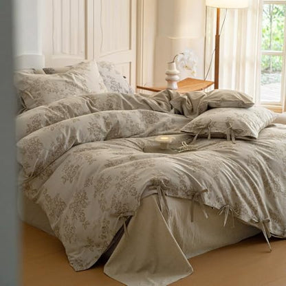 VM VOUGEMARKET Garden Floral Duvet Cover Queen,3 Pcs Yarn-Dyed Jacquard Textured Duvet Cover with Bowknot Retro Monet Style Fall Bedding Set-90"x90",Khaki