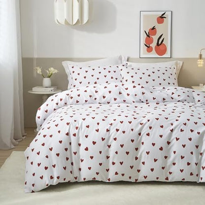Mucalis Red Heart Duvet Cover King White Duvet Cover 100% Cotton Cute Love Heart 3 Piece Patterned Bedding Set with Zipper Closure Corner Ties,Durable,Soft,Breathable,Easy Care