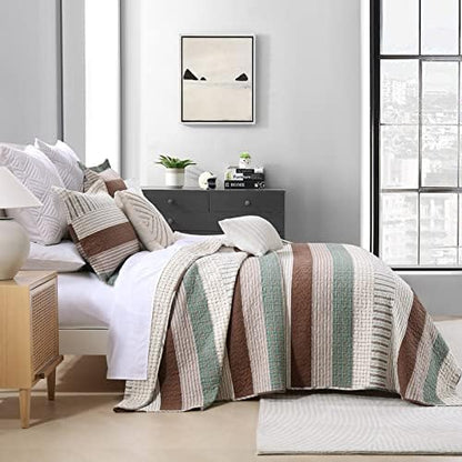 Finlonte 100% Cotton King Size Quilt Set, Patchwork Striped King Quilt Bedding Set Farmhouse Bedspread, Lightweight Quilted Comforter Reversible Bed Spread for All Season, Green/Brown/Beige, 3 Pieces