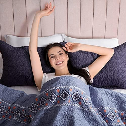LEAONME Quilt Set Full/Queen Size 3 Piece Bedspread Coverlet Lightweight Comforter Microfiber Bedding Set for All Season Oversized 90x98 Inch Bed Cover Bohemian Navy Blue(1 Quilt,2 Pillow Shams)