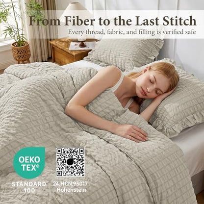 JOLLYVOGUE King Size Comforter Set, 3 Pieces Oatmeal Seersucker Comforters King Size, Lightweight & Fluffy Bedding Sets King for All Season with 1 Ruffle Comforter and 2 Ruffle Pillowshams