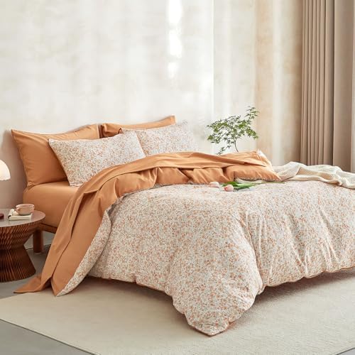 Wake In Cloud - Floral Comforter Set with Sheets, Cute Vintage Flower Cottagecore Aesthetic for Women Teen Girls, 5 Pieces Bed in a Bag, Cream Orange, Twin Size