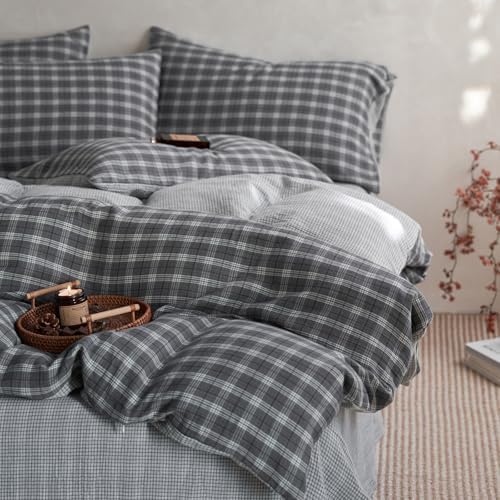 Vintage Buffalo Plaid Duvet Cover Twin XL 100% Cotton Muslin Retro Grey Plaid Grid Gingham Bedding Set Breathable Gauze Comforter Cover 3 Piece Farmhouse Gingham Duvet Cover with Zipper Closure