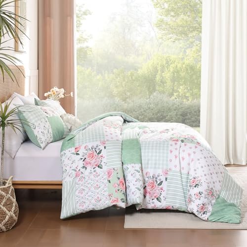 YIKUSH Green Floral Queen Comforter Set, Soft Lightweight All Season Bedding Set for Women Girls, Cozy Cottagecore Botanical Comforter Queen Size with 2 Pillow Shams, Breathable Floral Bed Set