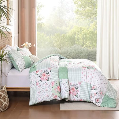 YIKUSH Green Floral Twin Comforter Set, Soft Lightweight All Season Bedding Set for Women Girls, Cozy Cottagecore Botanical Comforter Twin Size with 1 Pillow Shams, Breathable Floral Bed Set