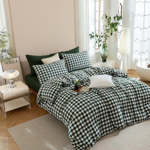 JIYUAN Queen Washed Cotton Duvet Cover Set, 3-Piece, Large Gingham