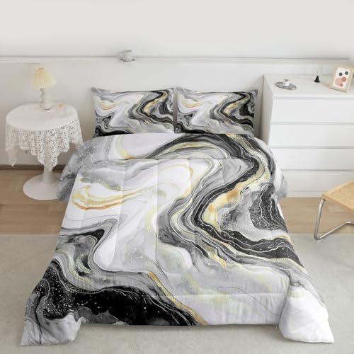 jejeloiu Gray Marble Comforter Set Full Size Modern Marble Aesthetic Bedding Set for Kids Boys Girls Retro Watercolor Duvet Quilt Abstract Texture Bedroom Decor Microfiber 3 Pcs with 2 Pillow Cases