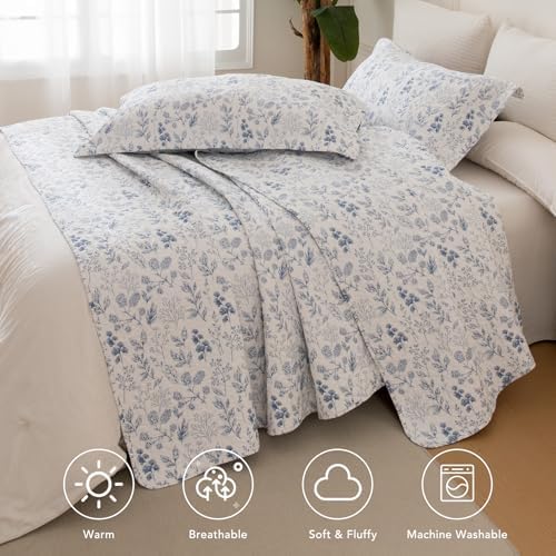 Lady Ann Cotton Quilt Sets King Size - Blue and White Floral & Leaves Pattern Botanical Printed Quilted Bedding, 3 Pcs Lightweight Soft Bedspread Sets King Coverlet for All Season