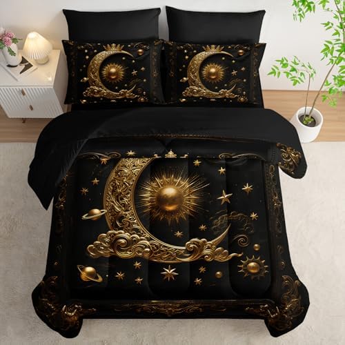 7 Piece Black and Gold Galaxy Comforter Set King Size，Sun and Moon Bedding Set King，(1 Comforter, 1 Flat Sheet, 1 Fitted Sheet, 2 Pillowcase and 2 Pillow Sham)，Astrology Bedroom Decor
