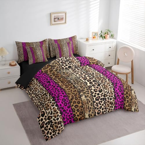 Erosebridal Hot Pink Leopard Print King 7-Piece Comforter Set for Men Women Adults - African Cheetah Printed Bedding Set with Sheets Wild Safari Animal Bed in a Bag Modern Leopard Print Bed Sets