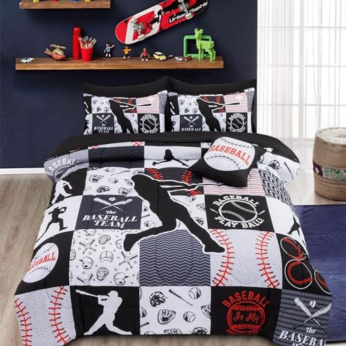 A Nice Night Sports Baseball Comforter Full Bedding Set for Boys,Black