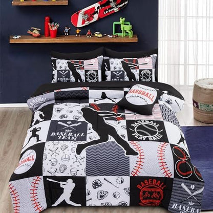 A Nice Night Sports Baseball Comforter Full Bedding Set for Boys,Black