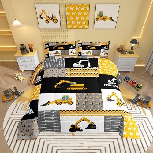 Feelyou Excavator Comforter Construction Vehicles Comforter Set Equipment Trucks Bedding Set for Children Kids Boys Girls Cartoon Car Duvet Set Geometric Lattice Room Decor Quilt Set King Size