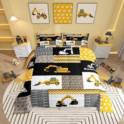 Feelyou Excavator Comforter Construction Vehicles Comforter Set Equipment Trucks Bedding Set for Children Kids Boys Girls Cartoon Car Duvet Set Geometric Lattice Room Decor Quilt Set King Size