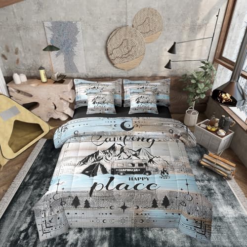 Erosebridal Rv Bed in A Bag for Travel Trailers Happy Camping Bunk Comforter Set 7 Piece Full Boho Stars Moon Camper Decor Bedding for Inside,Rustic Farmhouse Travel Adventure Bed Set Blue Grey