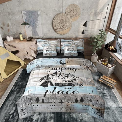 Erosebridal Rv Bed in A Bag for Travel Trailers Happy Camping Bunk Comforter Set 7 Piece Full Boho Stars Moon Camper Decor Bedding for Inside,Rustic Farmhouse Travel Adventure Bed Set Blue Grey