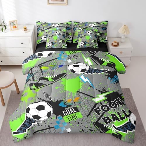 Erosebridal Boys Soccer 7 Piece Bedding Set Twin Size,Lightning Football Bed in a Bag,Sports Lover Bed Set Includes Comforter, Sheet Set, Pillowcases & Pillow Covers All Season Bedroom Decor