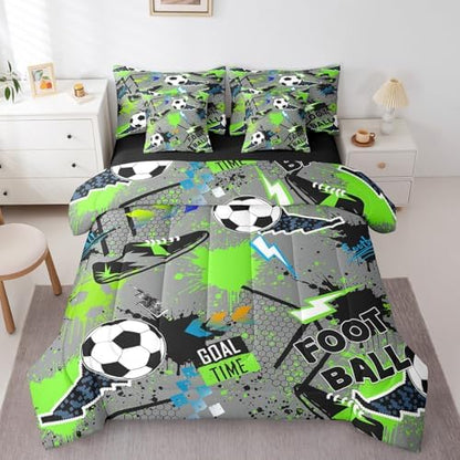 Erosebridal Boys Soccer 7 Piece Bedding Set Twin Size,Lightning Football Bed in a Bag,Sports Lover Bed Set Includes Comforter, Sheet Set, Pillowcases & Pillow Covers All Season Bedroom Decor