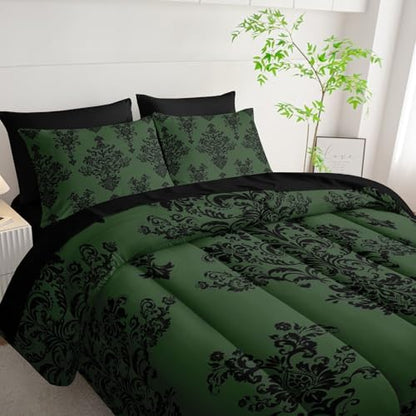 7Pcs Comforter Set Black Retro Pattern Printed Bedding Set with 1 Comforter,1 Flat Sheet,1 Fitted Sheet and 4 Pillowcases for Men and Women Bedroom All Season(Full)
