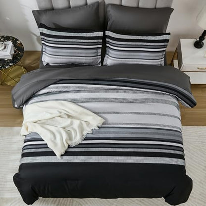 Dobuyly Black Comforter Full Size Set 7 Pieces, Boho Striped Grey Bed in a Bag Full Soft Microfiber Bedding Set for Mens with Comforter, Sheets, Pillowcases & Shams All Season