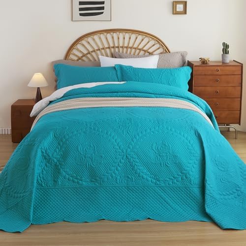 EVENHUG Oversized King Bedspreads California King Quilt Set with Pillow Shams Extra Wide Large King Size Quilts Lightweight Coverlet Bedding Sets Teal Blue 120"x120"