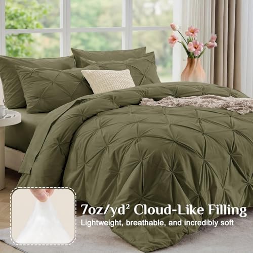 JOLLYVOGUE Twin Comforter Set 5 Pieces - Bed in a Bag Twin for All Season, Pintuck Bedding Comforter Sets with Comforter, Flat Sheet, Fitted Sheet and Pillowcases & Shams, Olive Green