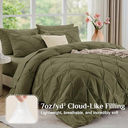 JOLLYVOGUE Twin Comforter Set 5 Pieces - Bed in a Bag Twin for All Season, Pintuck Bedding Comforter Sets with Comforter, Flat Sheet, Fitted Sheet and Pillowcases & Shams, Olive Green