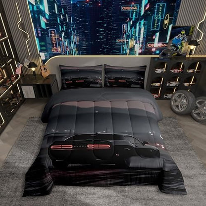 Erosebridal Cool Racing Car Twin Comforter Set for Kids Boys Girls,Boys Speed Car Bedding Set,Extreme Sports Duvet Insert,Black Race Cars Bed Set for All Season