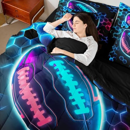 Erosebridal Rugby Sports Comforter Sets with Sheets - Football Bedding Set Full for Boys Girls Honeycomb Hexagon 7Pcs Bed in A Bag, Colorful Neon Lights Bed Set