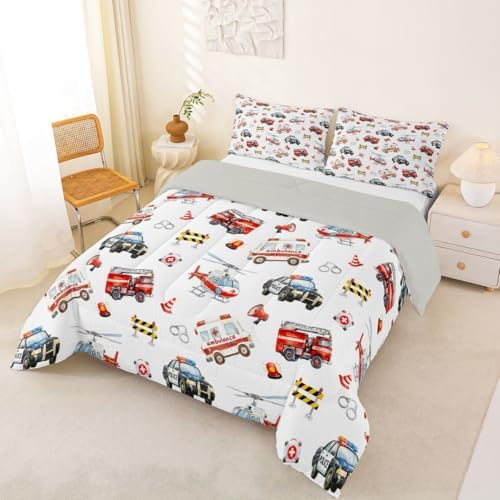 Feelyou Police Car Comforter Set Queen Size Red Fire Truck Bedding Set for Kids Boys Girls Airplane Duvet Quilt Bedroom Decor Microfiber 3 Pcs with 2 Pillow Cases
