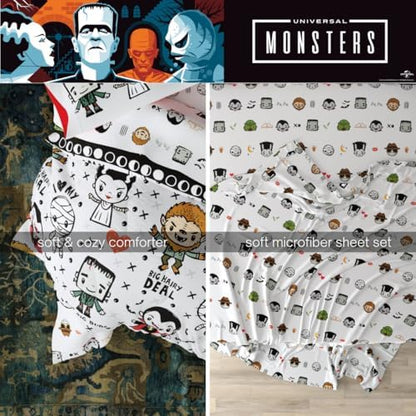 Universal Little Monsters Halloween 5 Piece Twin Bedding Set - Super Soft Cozy Reversible Comforter and Sheet Set with Sham, (Officially Licensed Product) By Franco