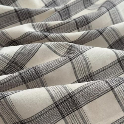 Mucalis Grey White Gingham Plaid Duvet Cover Queen 100% Washed Cotton Checkered Duvet Cover Set Linen Like Vintage 3 Piece Grid Bedding with Zipper Closure Corner Ties,Durable,Easy Care