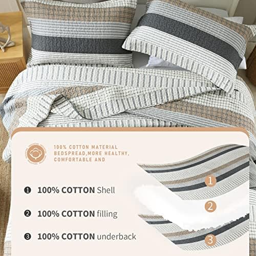 Finlonte 100% Cotton Queen Size Quilt Set, Patchwork Striped Queen Quilt Bedding Set Farmhouse Bedspread, Lightweight Quilted Comforter Reversible Bed Spread for All Season, White/Brown/Grey, 3 Pieces