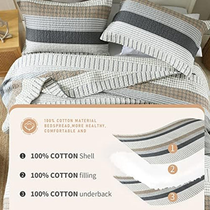 Finlonte 100% Cotton Queen Size Quilt Set, Patchwork Striped Queen Quilt Bedding Set Farmhouse Bedspread, Lightweight Quilted Comforter Reversible Bed Spread for All Season, White/Brown/Grey, 3 Pieces