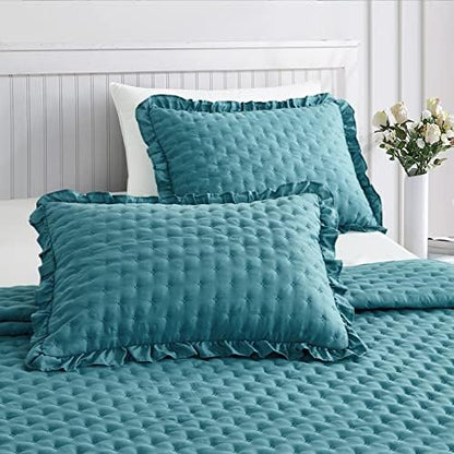 CHIXIN Ruffle Skirt Bedspread King Size - 30" Long Drop, Shabby Chic Style, Lightweight Bedding Cover, 3 Piece Set, Lagoon