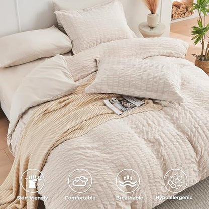 HYMOKEGE Beige California King Comforter Set Seersucker 7 Pieces, All Season Luxury Bed in a Bag for Bedroom, Bedding Set with Comforters, Sheets, Pillowcases & Shams