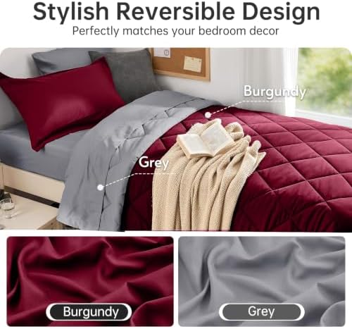 MUXHOMO 5 Pieces Twin XL Comforter Set, Reversible Bed in a Bag Twin XL Size, All Season Bedding Set with Comforter, Flat Sheet, Fitted Sheet, Pillowcases & Shams, Burgundy & Grey