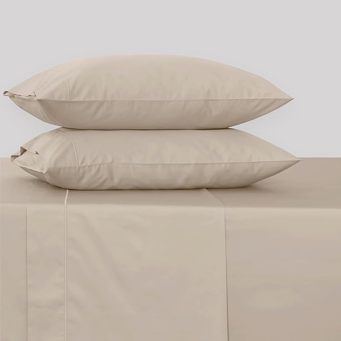 Feather & Stitch 500 TC Queen Size 4pc Damask Bed Sheet Set, 100% Soft Cotton Breathable Bedsheets, 18" Deep Pockets Sateen Weave Striped Bedding Mattress Resort Hotel Luxury Decor - (Champagne Beige)