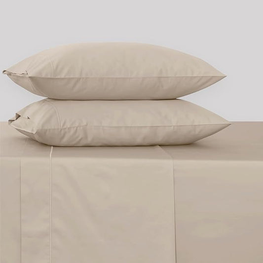 Feather & Stitch 500 TC Full Size 4pc Damask Bed Sheet Set, 100% Soft Cotton Breathable Bedsheets, 18" Deep Pockets Sateen Weave Striped Bedding Mattress Resort Hotel Luxury Decor - (Champagne Beige)
