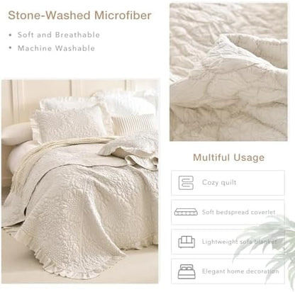 Masaca Oversized King Quilt(118"x106"),3 Pieces Wheat Ruffled California King Bedspread Lightweight Crinkled Farmhouse Shabby Boho Chic Reversible Stone-Washed Microfiber Bedding Set Extra Soft