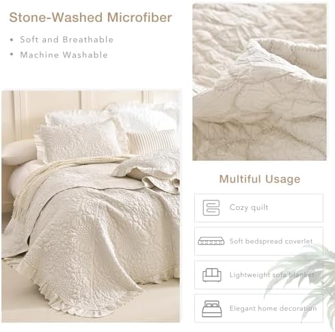 Masaca Oversized Queen Bedspread,Shabby Boho Chic Quilt Bedding Set 3Pcs (1 Farmhouse Quilt and 2 Pillowshams) Wheat Ruffled Crinkled Quilt Set Soft Lightweight Reversible Bedspreads & Coverlets