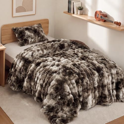 YIKUSH Twin Faux Fur Soft Comforter Set, Fluffy Bedding Set, Tiedye Coffee