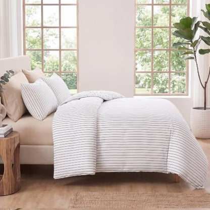 Bedbay Cotton Striped Duvet Cover Set Queen Size, Black White Stripe Bedding Set, 100% Cotton Sateen, Soft Smooth Breathable Minimal Hotel Set, 3 Pieces for All Seasons