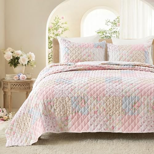 Wonderful - Real Patchwork Quilt Set King Size, 3 Piece Cotton Front Floral Pink Bedding, Boho Farmhouse Reversible Bedspread for All Season,104"x90"