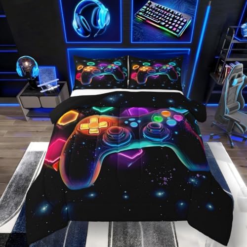 Game Consoles Gamer Bedding Set King Gamer Gifts,Gaming Comforter Sets for Boys Space Glow Geometric Kids Comforter Sets Boys Red Green Blue Teal,Gaming Decor for Bedroom
