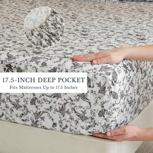 FADFAY 100% Cotton King Sheet Set, Ivory Black Paisley Floral Bed Sheets