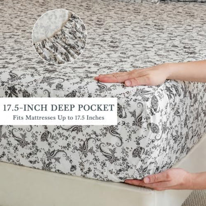 FADFAY 100% Cotton King Sheet Set, Ivory Black Paisley Floral Bed Sheets